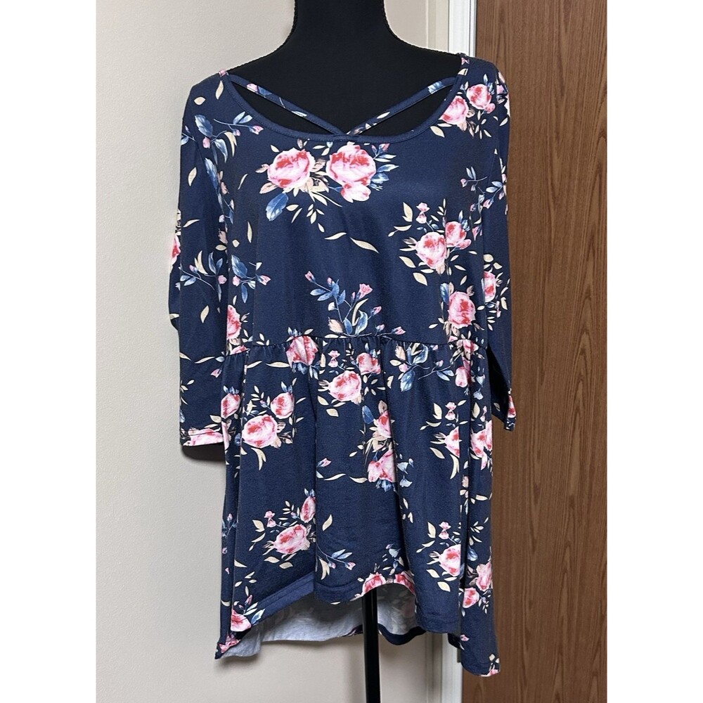 Women Bloomchic US 14-16 Plus Babydoll Top Navy Floral Blouse Stretch Long Shirt